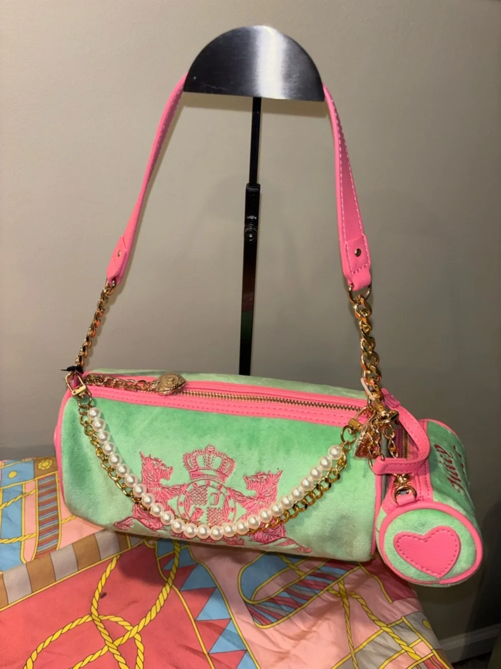 Juicy Couture Retro Green and Pink HandBag with Complimentary bag charms